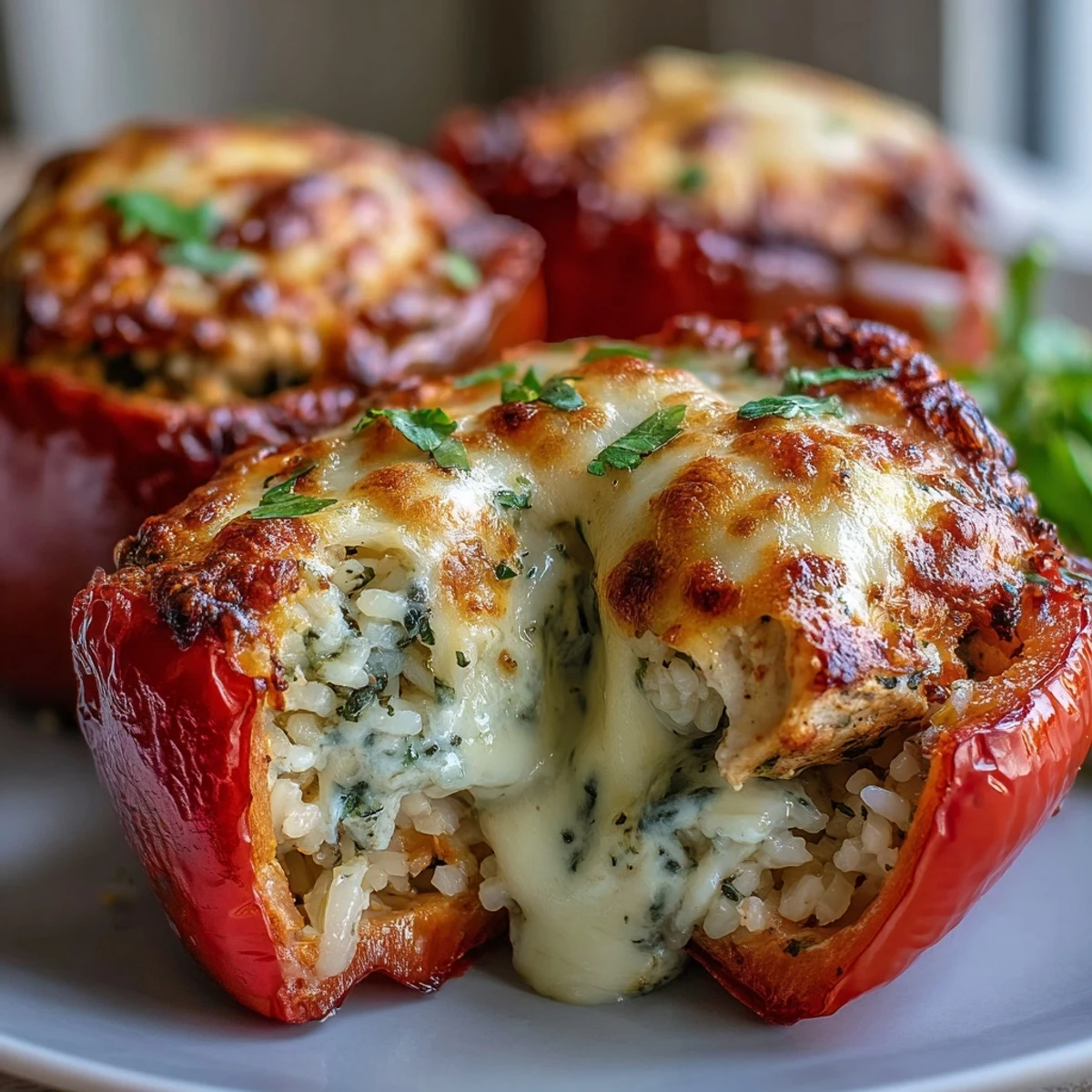 Four colorful roasted bell peppers stuffed with creamy garlic chicken, rice, and rich Parmesan sauce, steaming on a rustic plate.