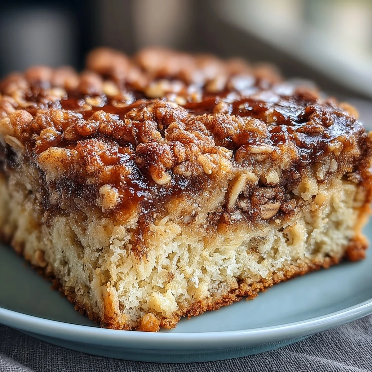 Golden-brown High-Protein Cinnamon Swirl Coffee Cake Oats fresh from the oven, featuring a hearty crumble topping and warm cinnamon aroma.