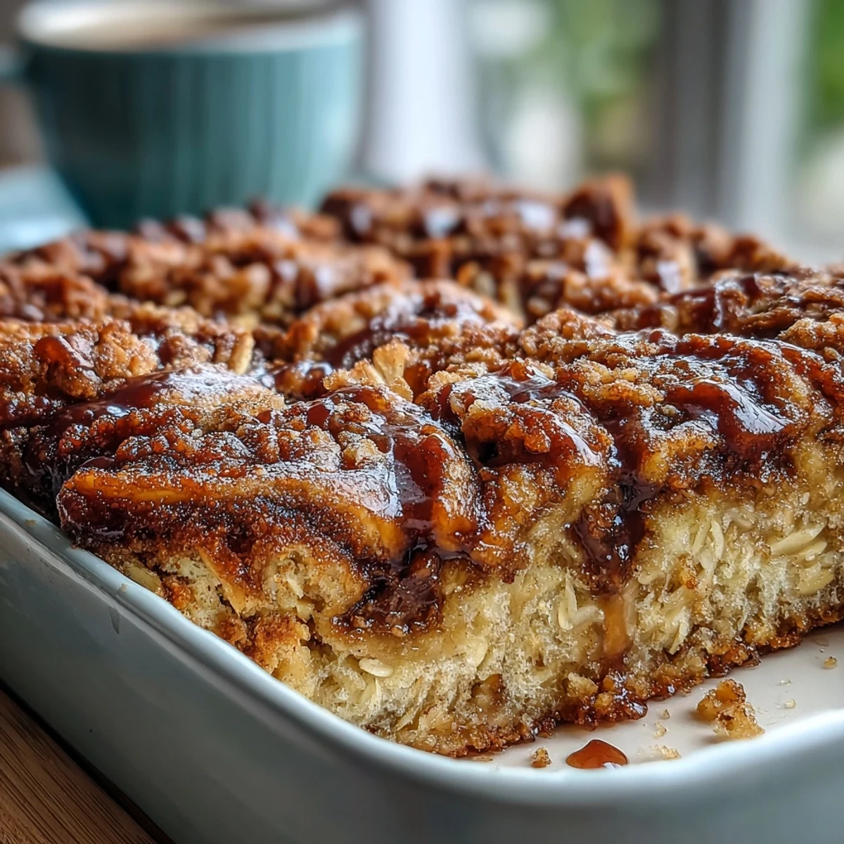 Slices of baked High-Protein Cinnamon Swirl Coffee Cake Oats served in a rustic bowl with fresh berries and a dollop of yogurt.