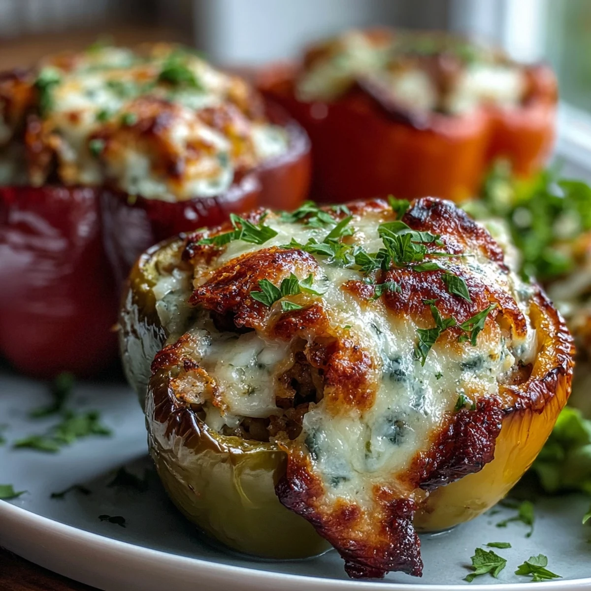 Golden-baked Garlic Parmesan Chicken Stuffed Peppers filled with creamy chicken, rice, and melted mozzarella cheese.