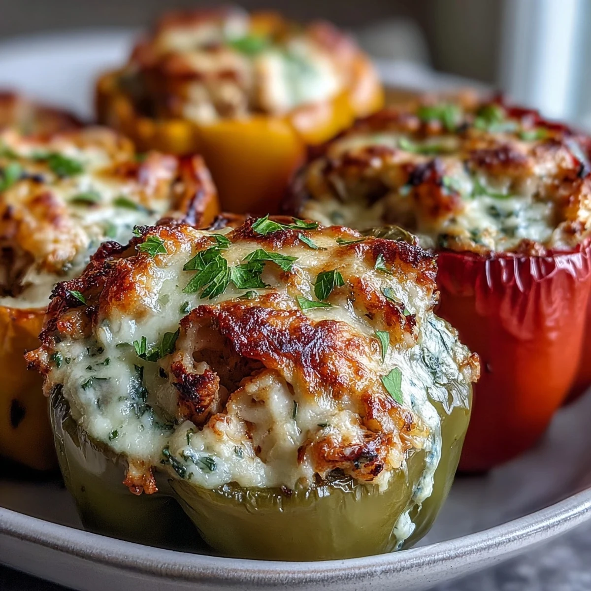 A close-up of one savory Garlic Parmesan Chicken Stuffed Pepper cut open to reveal the rich, cheesy filling.