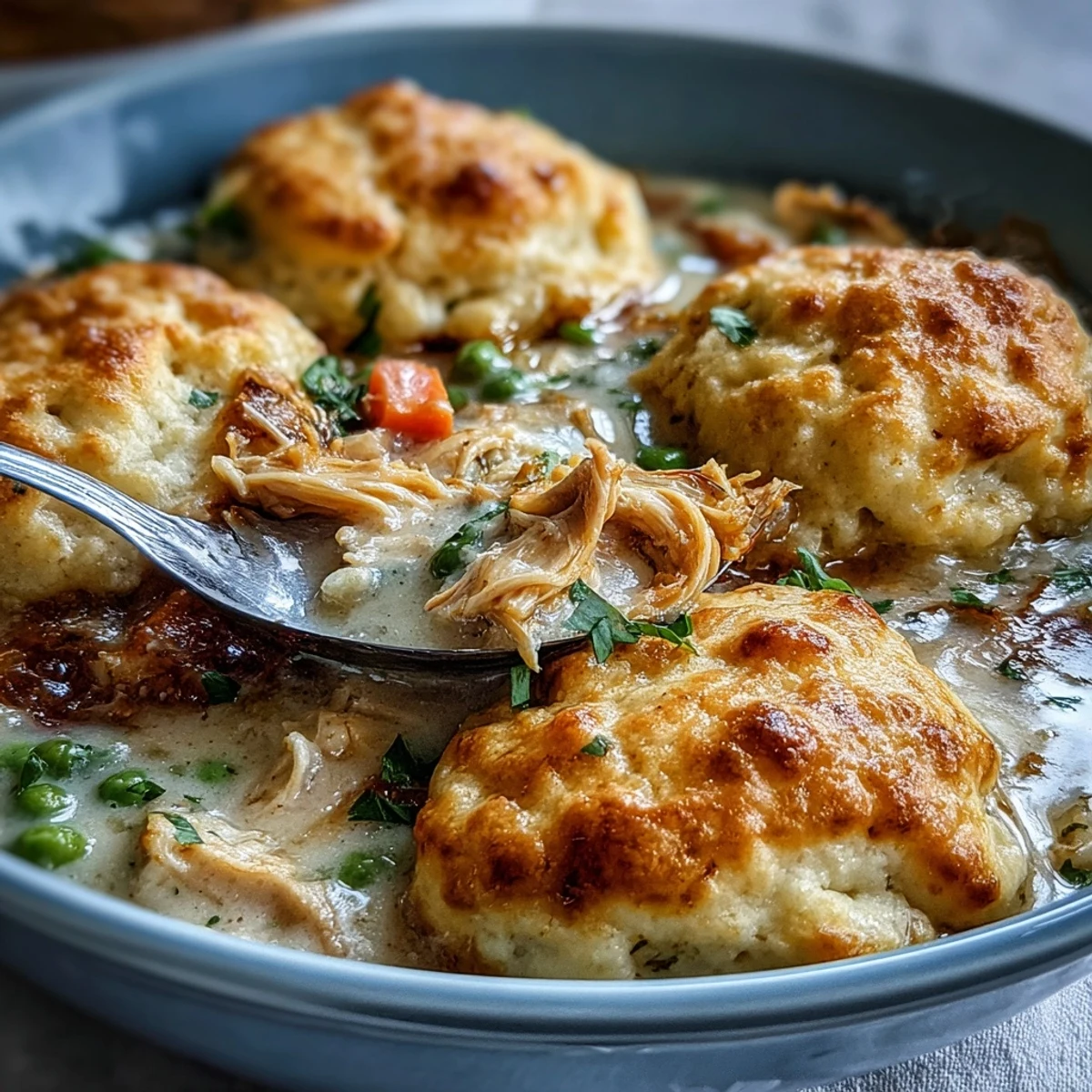 Hearty Slow Cooker Ranch Chicken & Dumplings stew with fluffy biscuits, perfect for a comforting, family-friendly weeknight dinner.