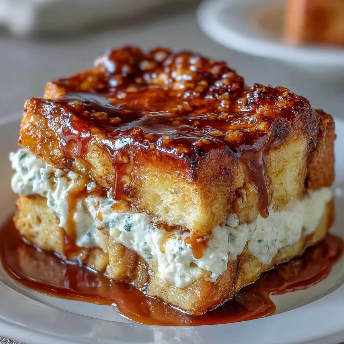 Freshly baked Caramel Cream Cheese French Toast Casserole with golden, puffy brioche cubes and gooey caramel drizzle on a rustic table. 