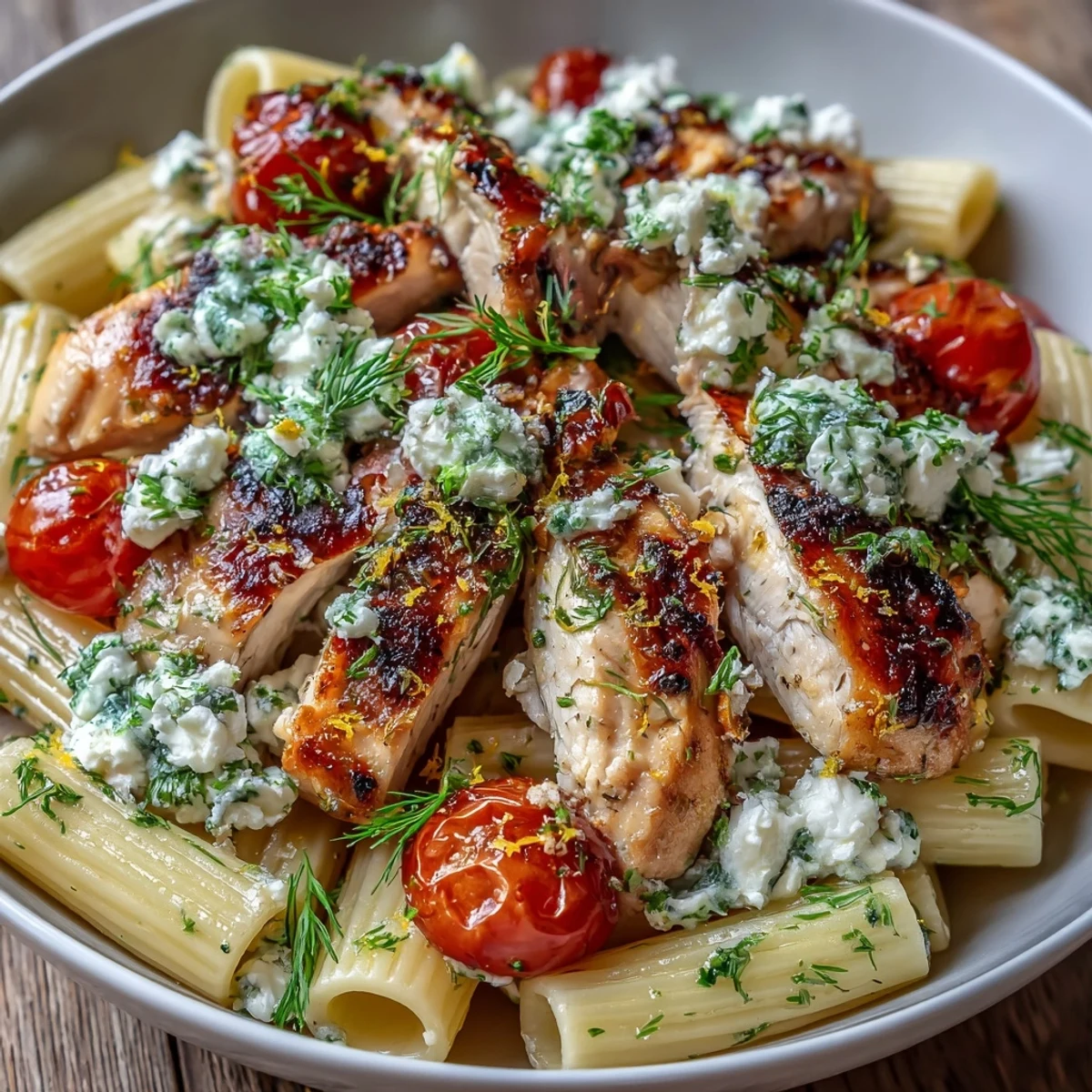 Sliced roasted chicken and creamy feta cheese top penne pasta tossed with roasted garlic and fresh herbs.