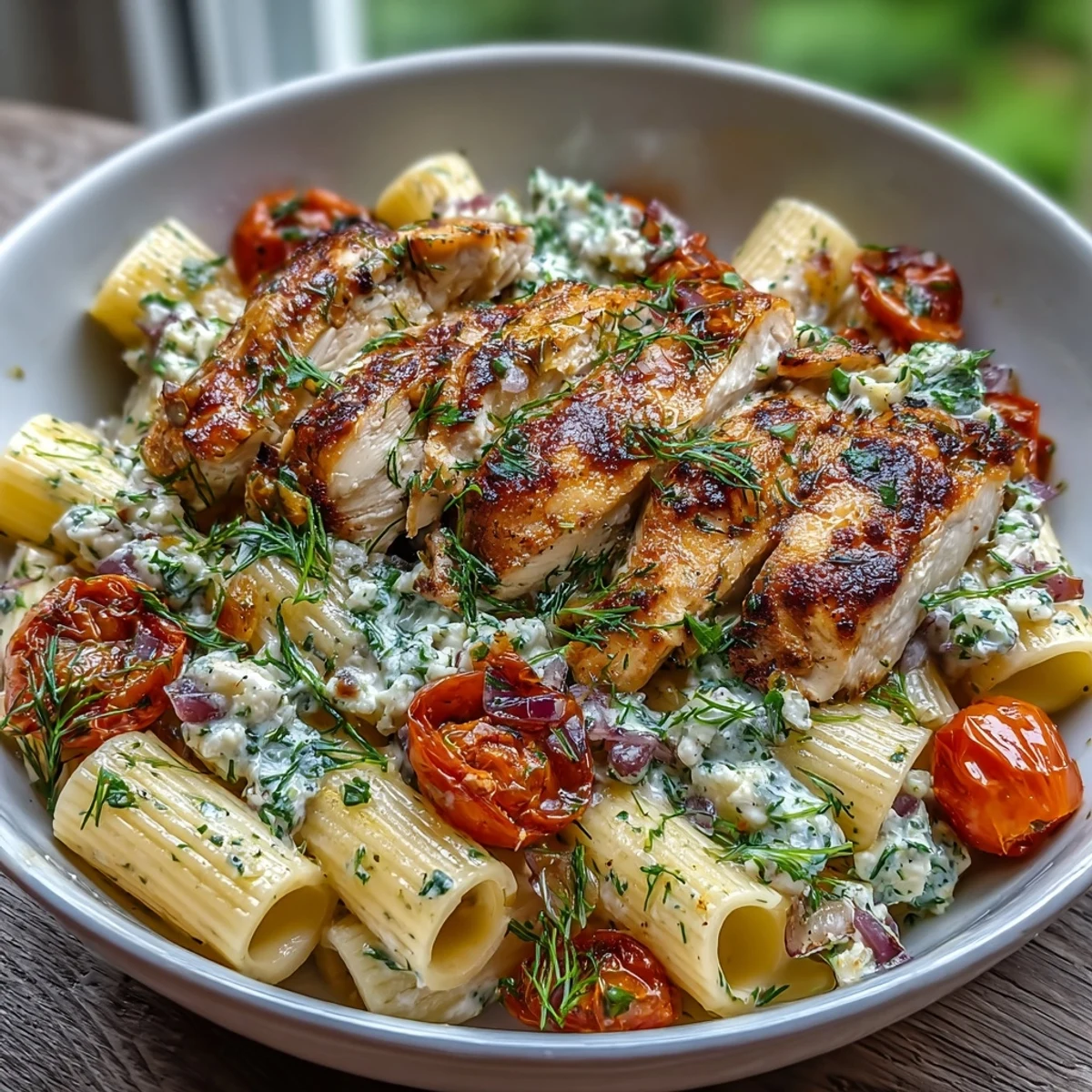 Golden roasted chicken, al dente penne, and crumbled feta in a savory pasta dish with red onion and dill.