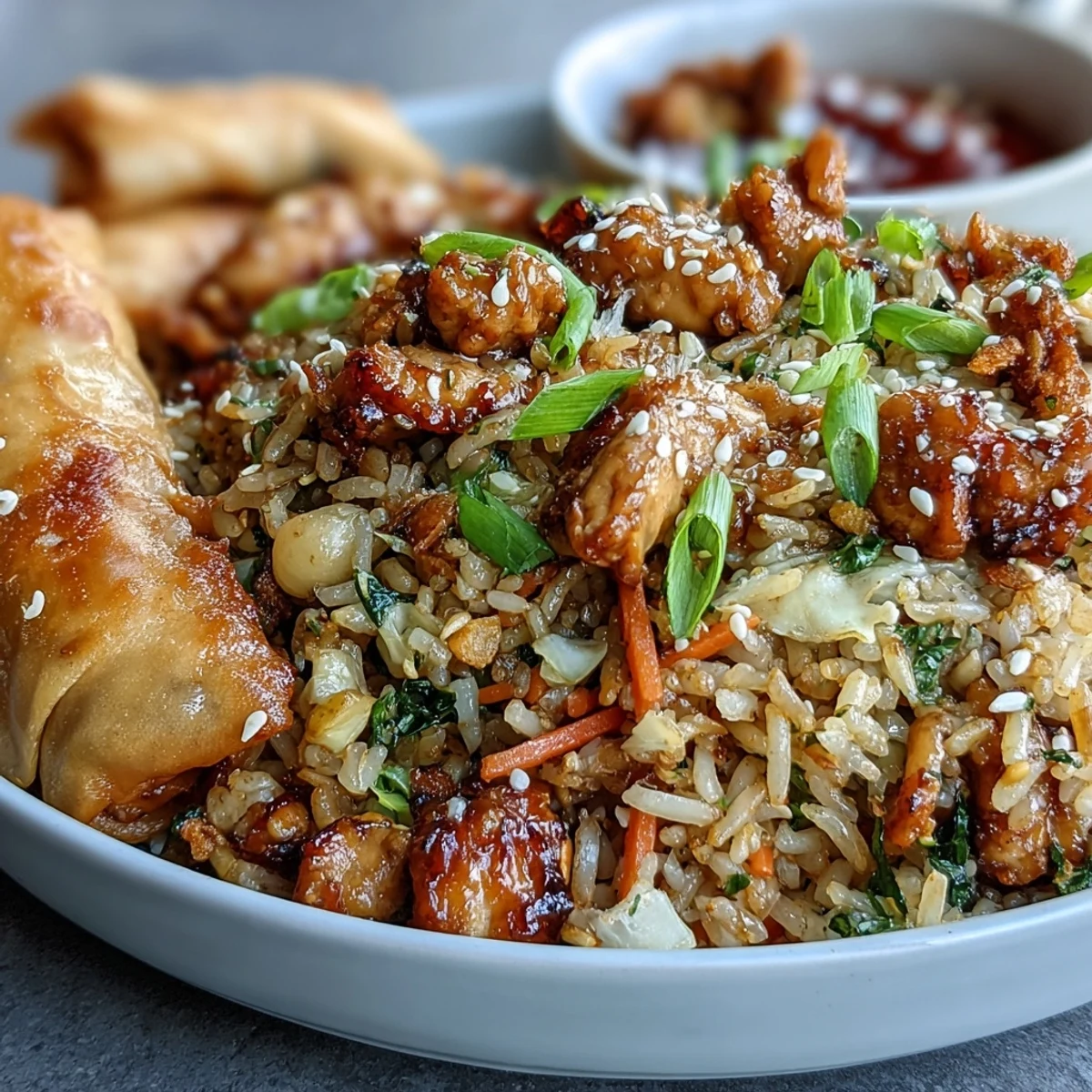 Crispy Chicken Fried Rice topped with sesame seeds and fried onions.