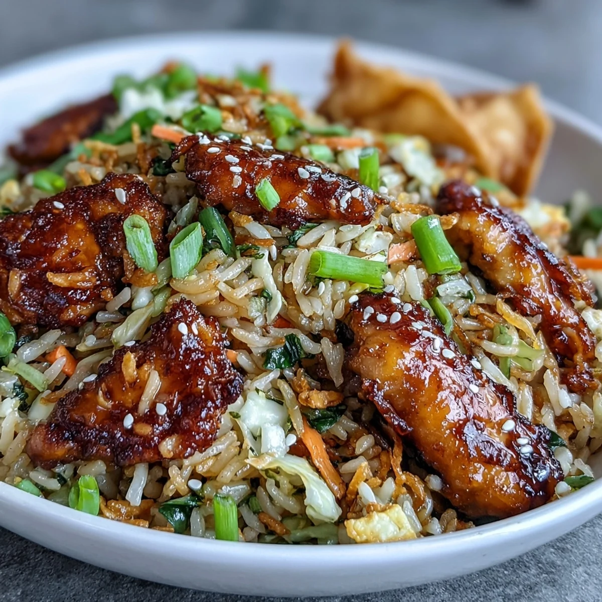 Scattered Crispy Chicken Fried Rice featuring minced chicken, julienned carrots, and crisp cabbage.