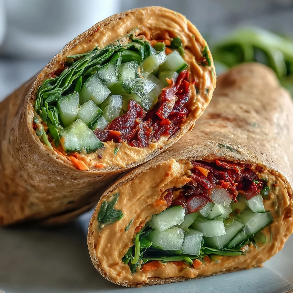 Freshly rolled Mediterranean wraps with bright bell peppers and parsley, ready for a healthy vegan lunch or snack.