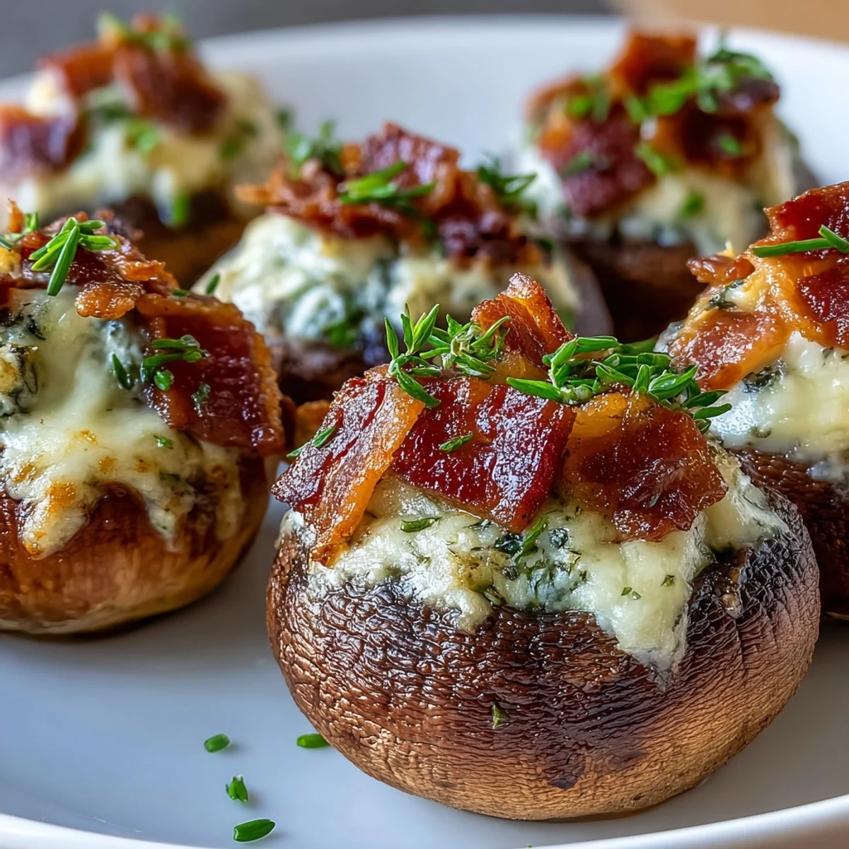 Golden brown Keto Bacon and Cheese Stuffed Mushrooms with a bubbling, creamy filling and crispy bacon bits on top.