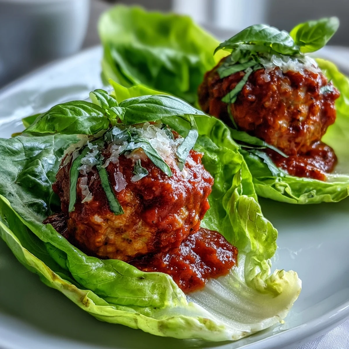 Golden-brown turkey meatballs topped with marinara nestled inside crisp butter lettuce wraps, garnished with fresh basil.