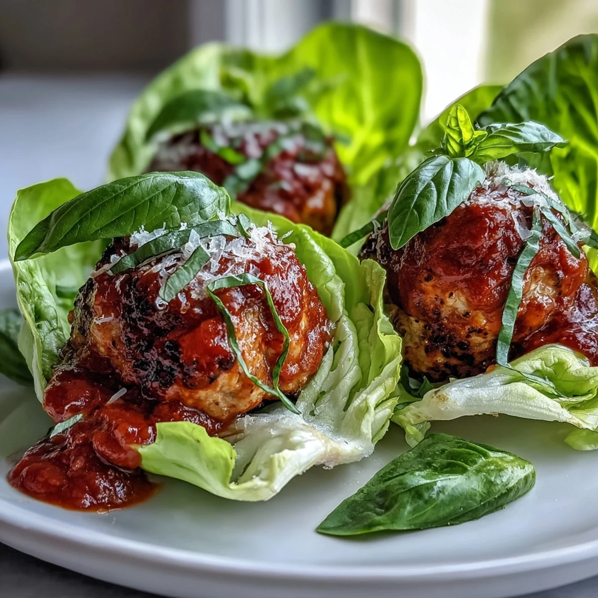 Skinny Turkey Meatball Lettuce Wraps with Marinara served as a low-carb main dish on a rustic plate.