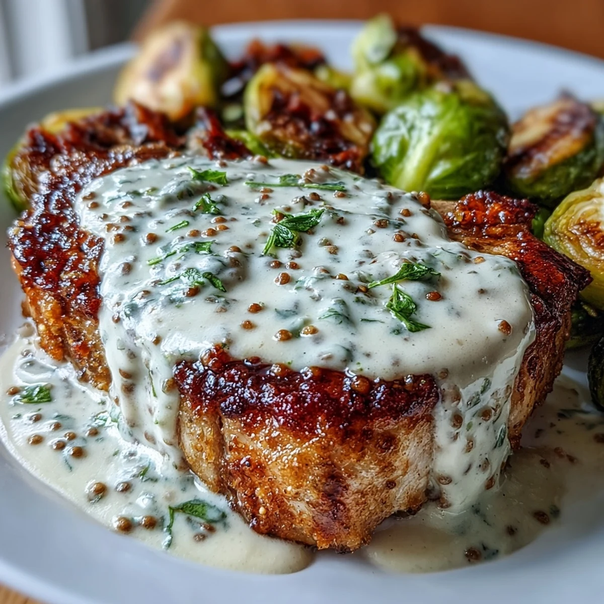 Golden-brown pork chops smothered in creamy Dijon sauce sit beside crispy, charred roasted Brussels sprouts.