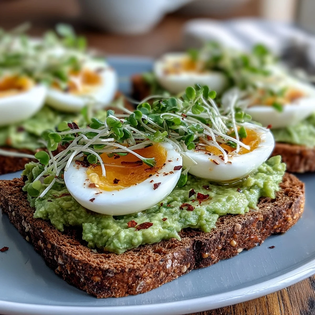 Clean Eating Avocado Toast with Soft-Boiled Egg and Microgreens is topped with creamy avocado and jammy eggs on rustic toast.