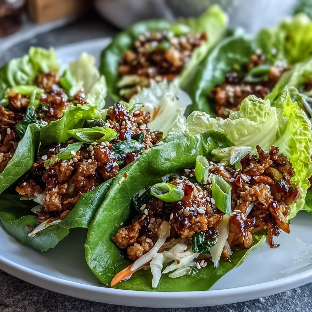 Ground chicken and crisp vegetables in Potsticker-Inspired Chicken Lettuce Boats served with a small bowl of tangy dipping sauce.