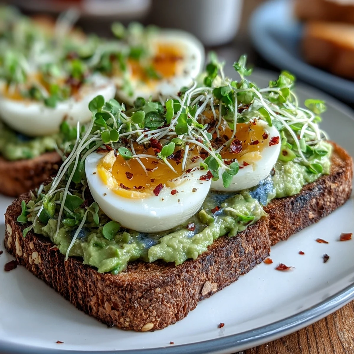 Clean Eating Avocado Toast with Soft-Boiled Egg and Microgreens is topped with creamy avocado and jammy eggs on rustic toast.