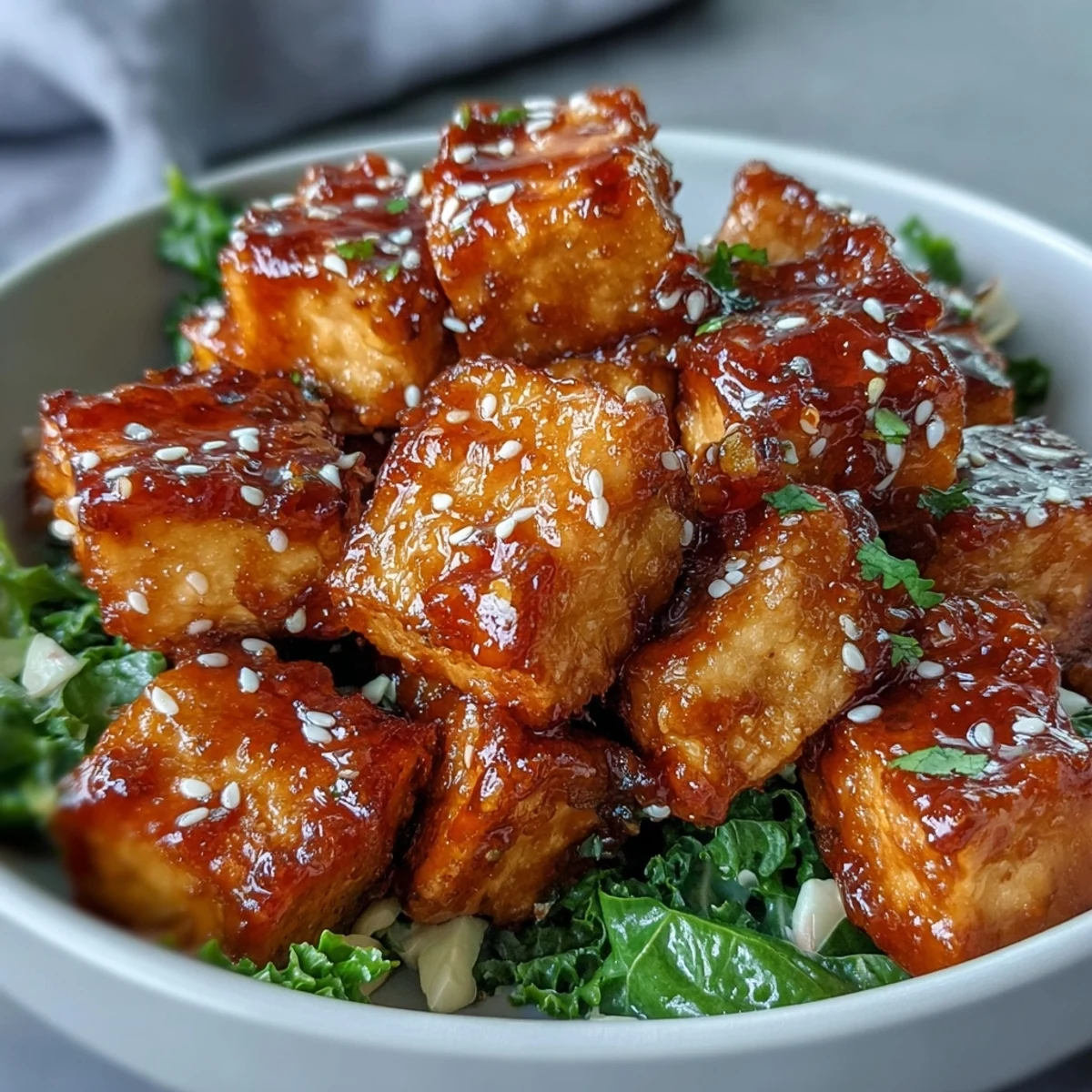 Crispy tofu cubes glazed in sweet chili sauce served in fresh lettuce cups with colorful veggie slaw. A vibrant, vegan-friendly dish perfect for light meals.