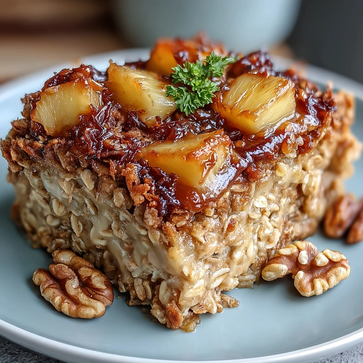 A vibrant vegan tropical oatmeal bake with juicy pineapple, shredded coconut, and warm spices, baked to golden perfection.  