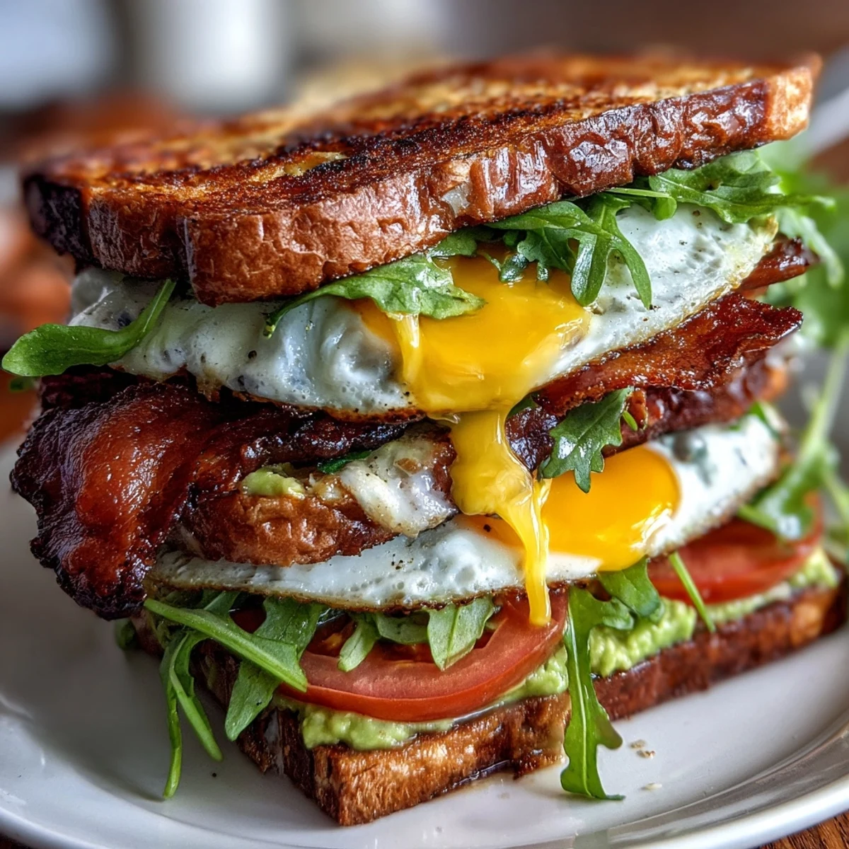 A mouthwatering sourdough avocado BLT breakfast stack topped with a perfectly runny egg and crispy bacon.