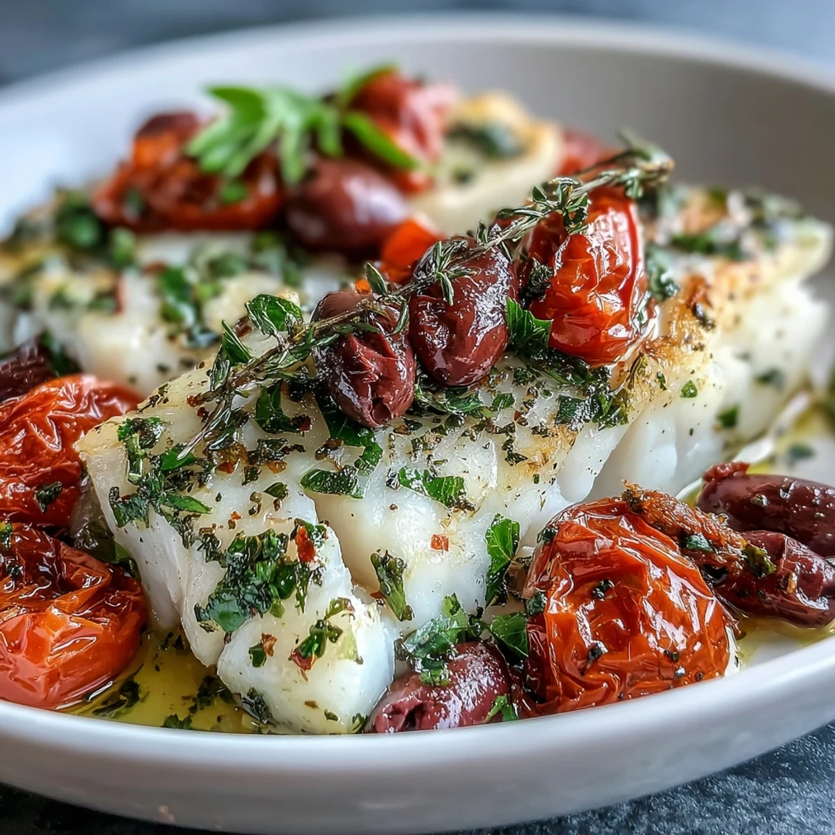 Mediterranean baked cod with tomatoes, olives, and herbs, served on a rustic white plate with lemon wedges.  