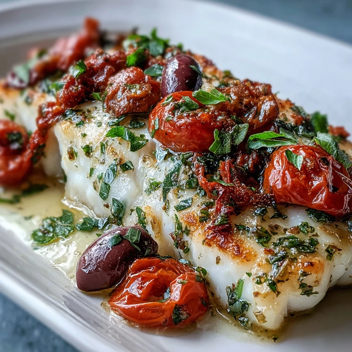 Healthy Mediterranean baked cod with vibrant tomatoes, briny olives, and fresh herbs, ready to serve with crusty bread.