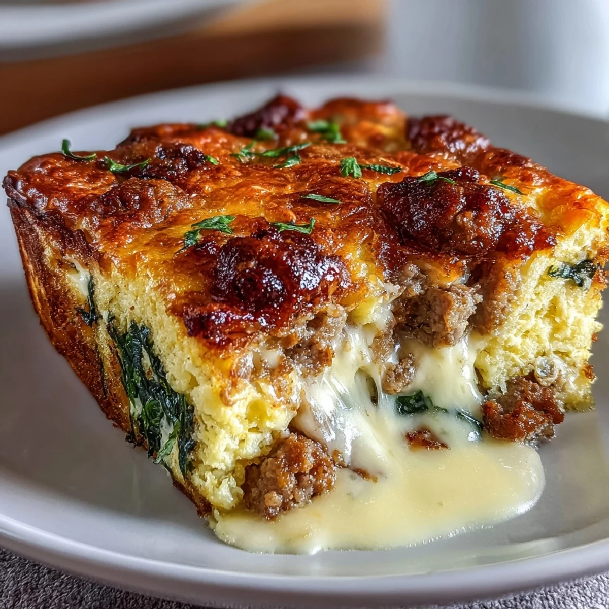 Keto sausage, egg, and spinach breakfast bake with golden cheese topping and savory sausage crumbles.  