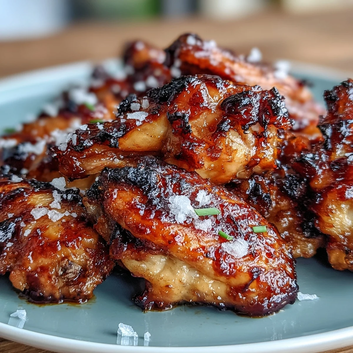 Salted honey sriracha wings with a crisp exterior, glossy glaze, and a sprinkle of finishing salt for balanced flavor.