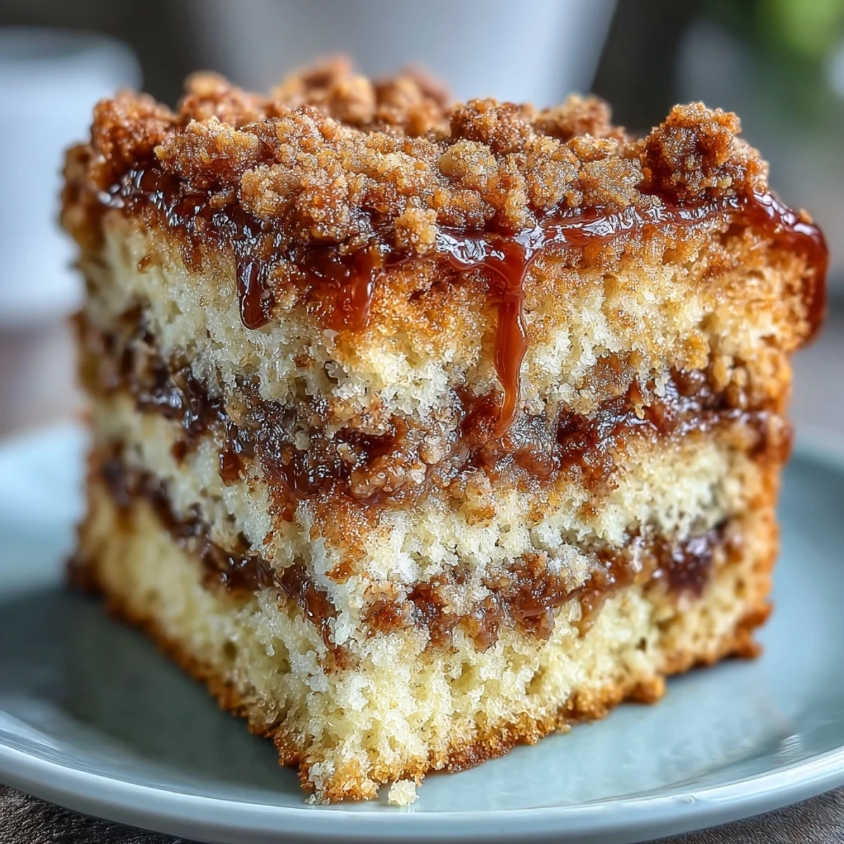 A slice of cardamom coffee cake with a golden, crumbly streusel topping on a white plate.  