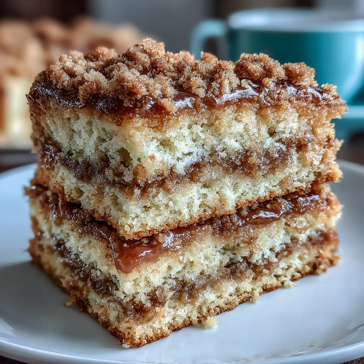 Close-up of cardamom coffee cake with aromatic spices and a golden-brown crumbly topping.