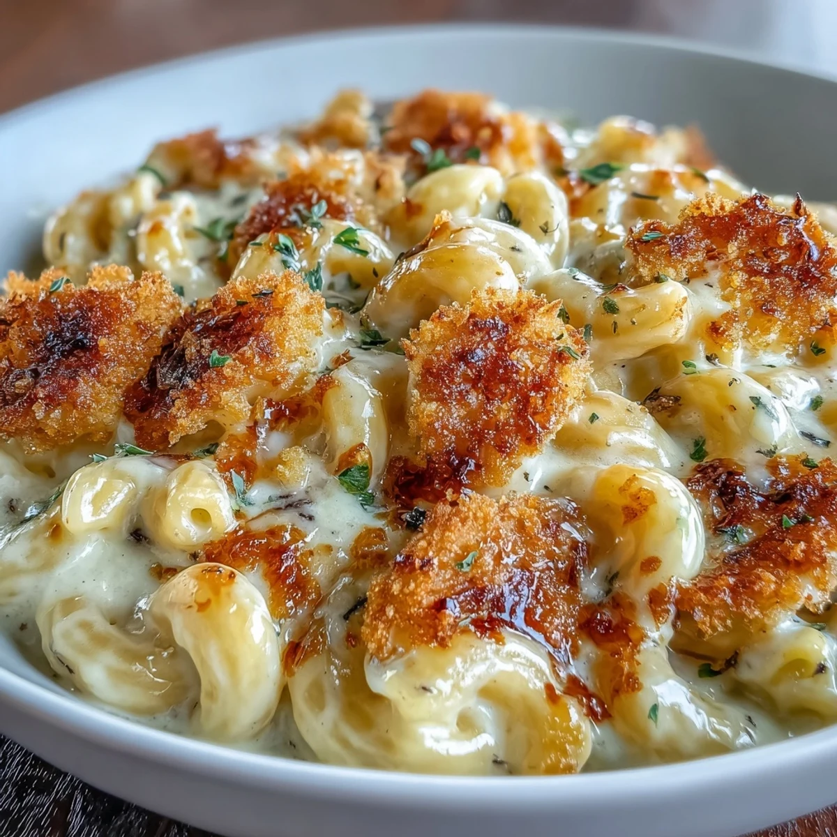 Golden baked truffle mac and cheese with bubbling cheese sauce, topped with crispy panko and fragrant shaved truffle.
