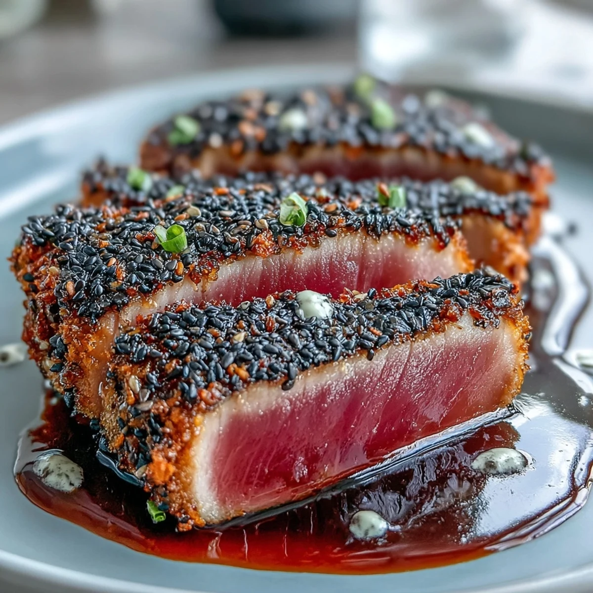 Succulent black sesame crusted tuna seared rare and served with creamy wasabi mayo for a bold, Japanese-inspired main dish.  