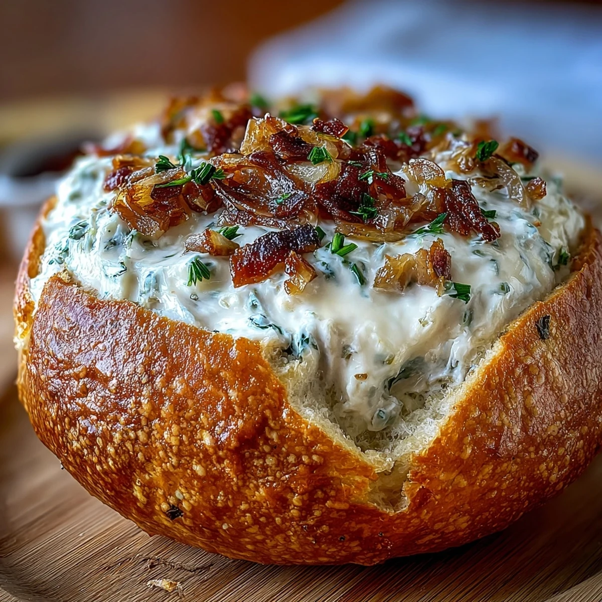 Creamy caramelized onion dip served in a warm sourdough bread bowl, garnished with fresh chives for a savory appetizer.