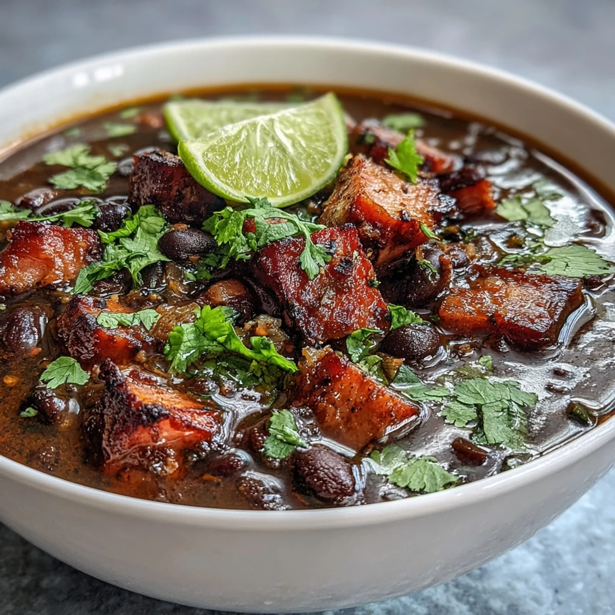 A steaming bowl of hearty ham and black bean soup garnished with fresh cilantro and lime wedges.  