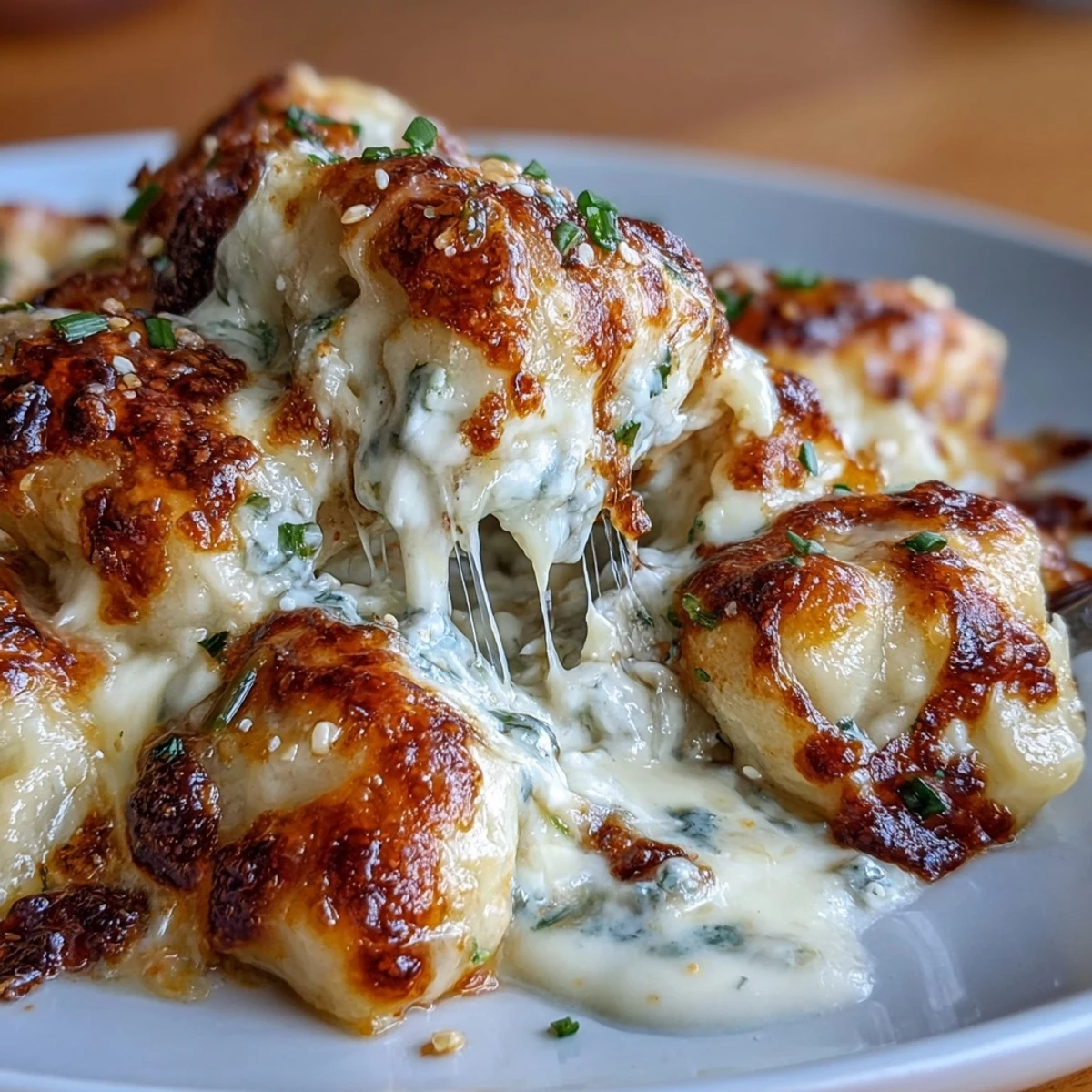 Trader Joes Dumpling Bake casserole with golden melted cheese and creamy sauce in a baking dish.  