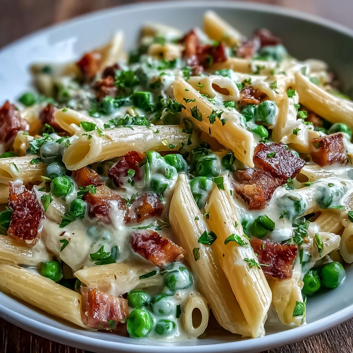 Savory ham and sweet peas tossed with pasta in a creamy leek-infused sauce, perfect for a cozy dinner.