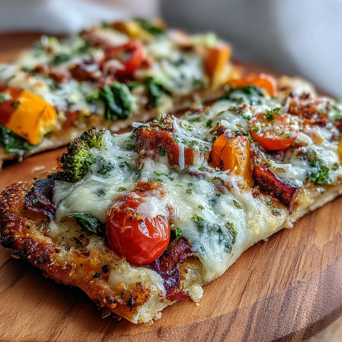 Easy St. Patricks Day Rainbow Veggie Flatbread Pizza featuring a pot of gold black olive design surrounded by colorful vegetables and melted cheese on hummus-slathered flatbread.