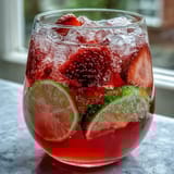 Refreshing spring cocktail-inspired punch with sparkling water, lemon slices, and fresh strawberries in a glass pitcher.