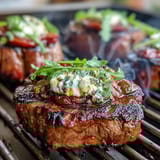 Grilled peach and burrata salad with arugula and balsamic glaze, a summer delight on a platter.