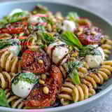 Colorful Caprese pasta salad featuring al dente penne, ripe cherry tomatoes, and fresh mozzarella, drizzled with olive oil and balsamic glaze.