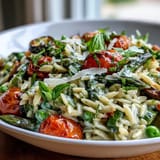 Tender Spring Orzo Primavera dish with bright green vegetables and fragrant basil.