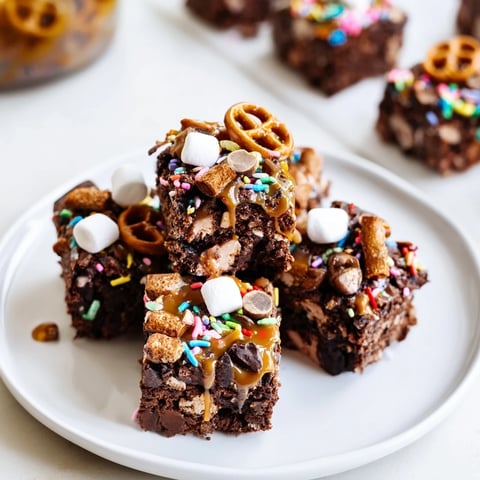 Fudgy Chaos Chocolate Cake Bites, studded with sprinkles, pretzels, and marshmallows; a delicious treat.