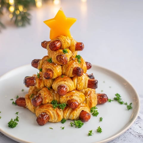 Golden-brown Express Pigs in Blanket Christmas Tree arranged and ready to be served with dipping sauce.