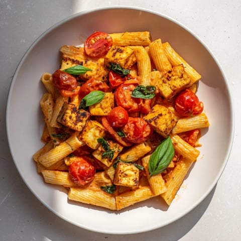 Roasted cherry tomatoes surround golden-brown vegan baked tofu feta pasta in a baking dish.
