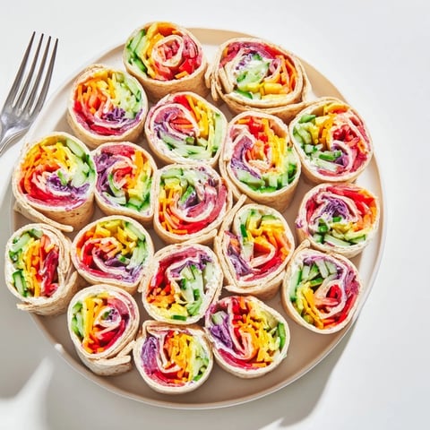 Vibrant Rainbow Veggie Christmas Lights Wrap Pinwheels, showcasing colorful veggies in a creamy appetizer wrap, ready to eat.