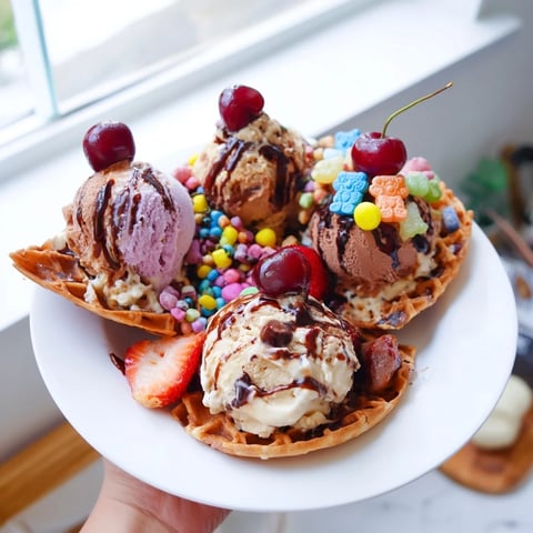 Vibrant Ice Cream Cone Grazing Board offering sweet cones, fresh fruit, and colorful toppings for a party.