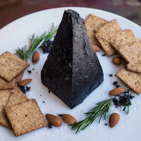 Black wax cheddar forms the peak of this The Obsidian Peak cheese platter, ready to be sliced.