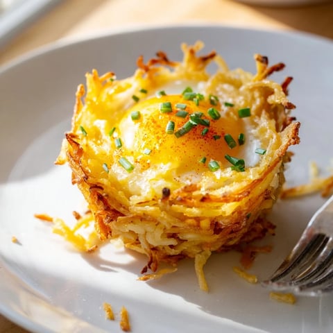 Crispy Hashbrown Egg Nests: Golden potato cups hold perfectly cooked eggs and melted cheese, a hearty breakfast.