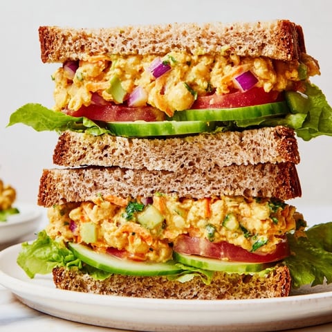 Easy Chickpea Salad Sandwich piled high on whole-grain bread, featuring vibrant tomatoes and crisp cucumber.