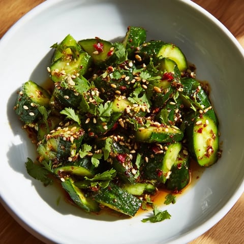 Bright, vibrant Chinese Spicy Smashed Cucumber Salad, a refreshing dish with visible cucumber pieces and sesame seeds.