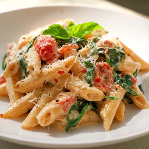 Creamy Cottage Cheese High-Protein Pasta coated in a velvety sauce, sprinkled with fresh basil.