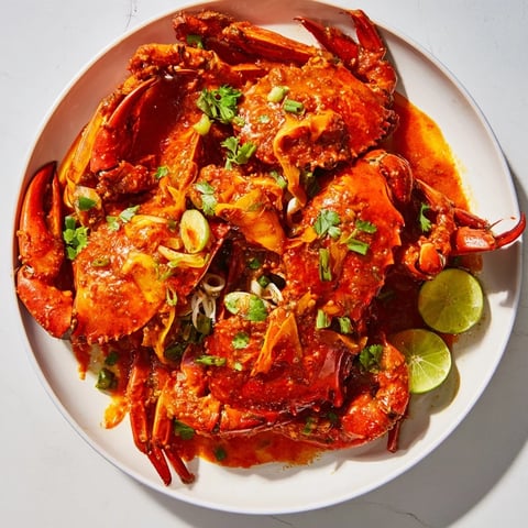 Steaming Singaporean Chili Crab in a rich tomato sauce, ready to serve with fragrant steamed buns.